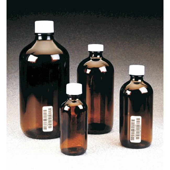 I-Chem™ Boston Round Narrow-Mouth Amber Glass Bottles with Closure, Unprocessed, 1000 mL