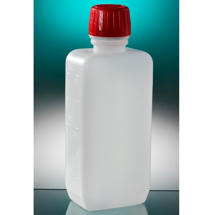 Corning® Gosselin™ Rectangular HDPE Bottle, 250 mL, Graduated, 20 mm Red Tamper-evident Cap with Seal, Assembled, Sterile