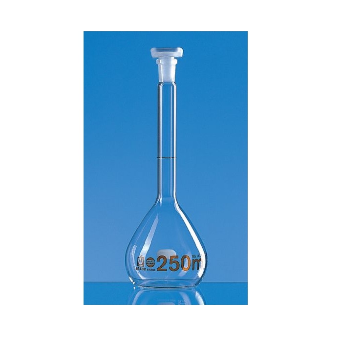 BRAND™ Volumetric Flasks, BLAUBRAND® ETERNA, Class A, Boro 3.3, DE-M, With PP Stopper, 100 ml, NS 14/23, ISO Individual Certificate