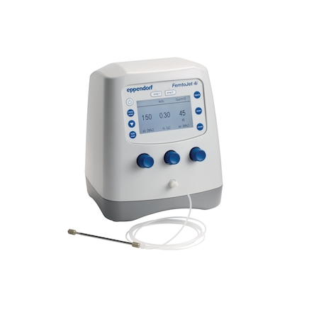 FemtoJet® 4x, programmable microinjector with external pressure supply (not included), 100 – 240 V ±10 %/50 – 60 Hz, including foot control