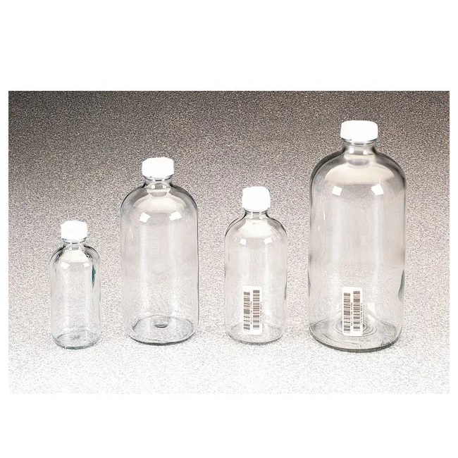 I-Chem™ Boston Round Narrow-Mouth Clear Glass Bottles with Closure, Unprocessed, 950 mL