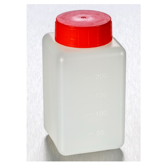 Corning® Gosselin™ Square HDPE Bottle, 250 mL, Graduated, 37 mm Red Cap with Seal, Assembled