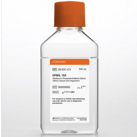 Corning® 500mL Dulbecco’s Phosphate-Buffered Saline, 10X without calcium and magnesium, Shelf Life: 18 Months