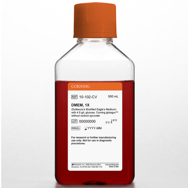 Corning® 500 mL, [+] Corning glutagro™, 4.5 g/L glucose, Phenol Red, [-] Sodium Pyruvate, Shelf Life: 12 Months