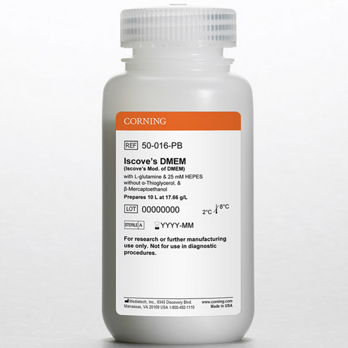 Corning® 10L Iscove’s Modification of DMEM, [+] L-glutamine, 25 mM HEPES [-] a-thioglycerol, ß-mercaptoethanol