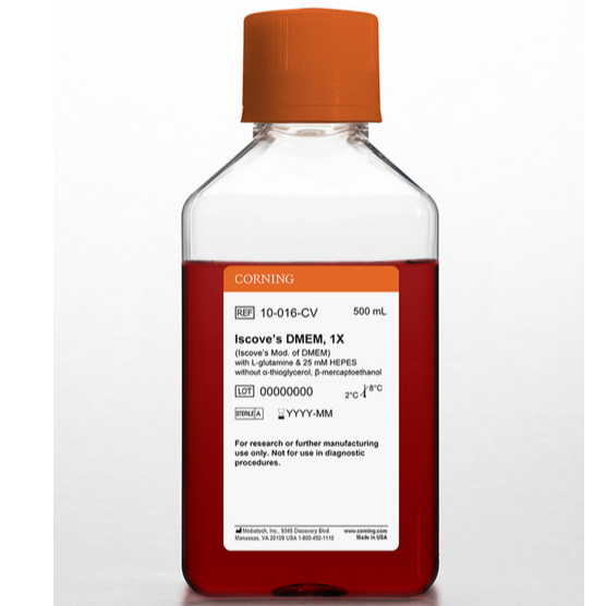 Corning® 500 mL Iscove’s Modification of DMEM, [+] L-glutamine, 25 mM HEPES, [-] a-thioglycerol, ß-mercaptoethanol
