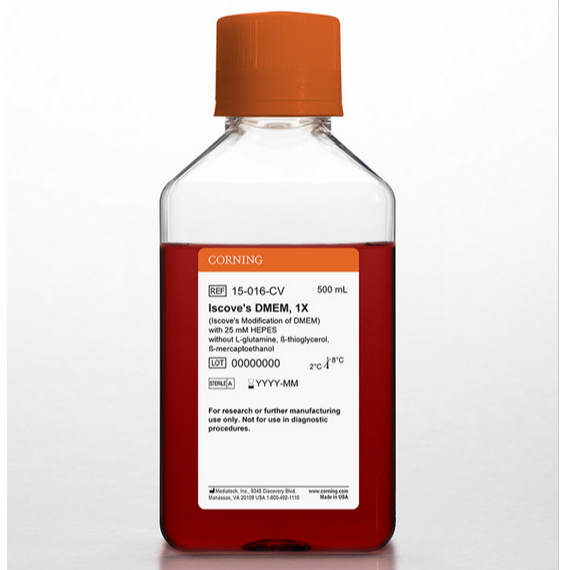 Corning® 500 mL Iscove’s Modification of DMEM, [+] 25 mM HEPES, [-] ß-thioglycerol, ß-mercaptoethanol, L-glutamine