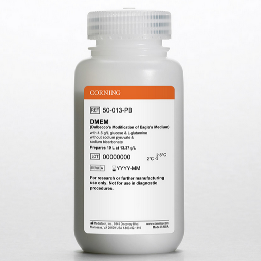 Corning® 10L DMEM, [+] 4.5 g/L glucose, L-glutamine, [-] Sodium Bicarbonate, Sodium Pyruvate, Shelf Life: 36 Months