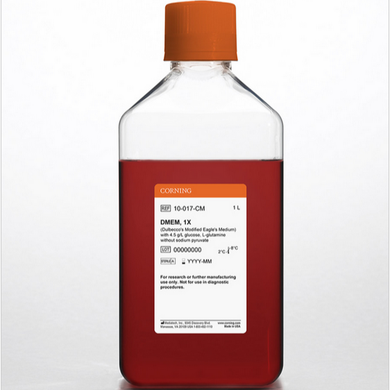 Corning® 1L DMEM (Dulbecco’s Modified Eagle’s Medium), [+] 4.5 g/L glucose, L-glutamine [-] Sodium Pyruvate, Shelf Life: 18 Months