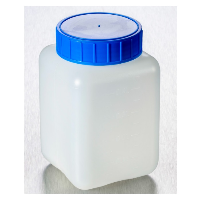 Corning® Gosselin™ Square HDPE Bottle, 500 mL, Graduated, 58 mm Blue Cap with Seal, Assembled