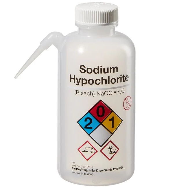 Nalgene™ Vented Unitary Right-to-Know LDPE Wash Bottles, Sodium hypochlorite, 500 mL, Case of 24