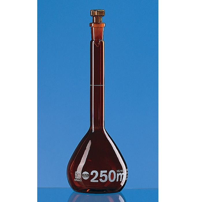 BRAND™ Volumetric Flasks, BLAUBRAND®, Class A, Boro 3.3, DE-M, With Glass Stopper, Amber, 50 ml, NS 12/21, ISO Individual Certificate