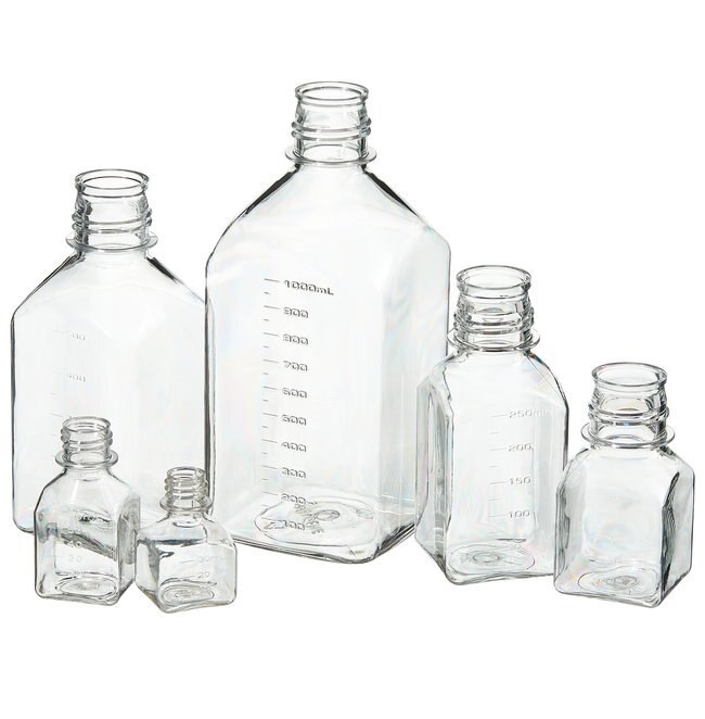 Nalgene™ PETG Square Media Bottles without Closure: Sterile, Shrink-Wrapped Trays, 1 L