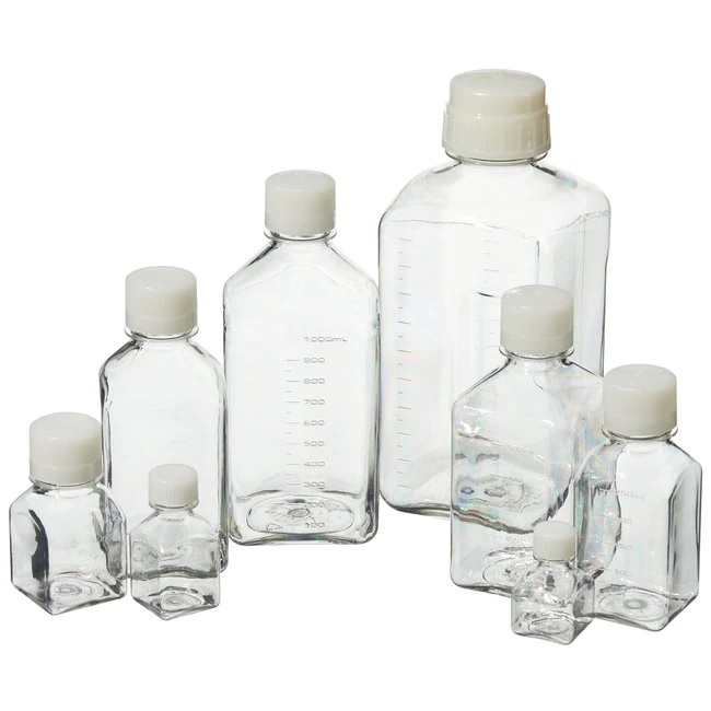 Nalgene™ Square PETG Media Bottles with Closure: Sterile, Shrink-Wrapped Trays, 125 mL, Case of 96