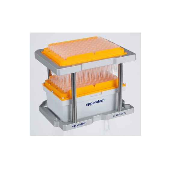 epMotion® TipHolder 73, enables positioning epT.I.P.S.® Motion Reload trays above a rack of epT.I.P.S.® Motion and thus doubles the tip capacity in an ANSI/SLAS position, reusable and autoclavable, epBlue 40.7 or higher required