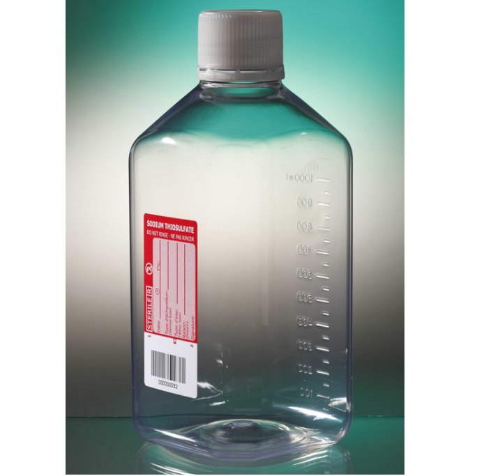 Corning® Gosselin™ Water Sampling Octagonal PET Bottle, 1 L, Graduated, 120 mg/L Sodium Thiosulfate, 31 mm Tamper-evident Cap, Sterile, 1/Bag