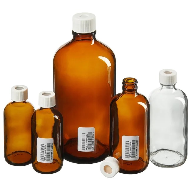 Thermo Scientific™ Narrow-Mouth Glass Septa Bottles with Open-Top Closure, Certified, Amber, 250 mL