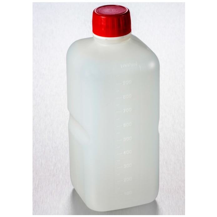 Corning® Gosselin™ Square HDPE Bottle, 1 L, Graduated, 28 mm Red Tamper-evident Cap with Shaped Seal, Non-assembled
