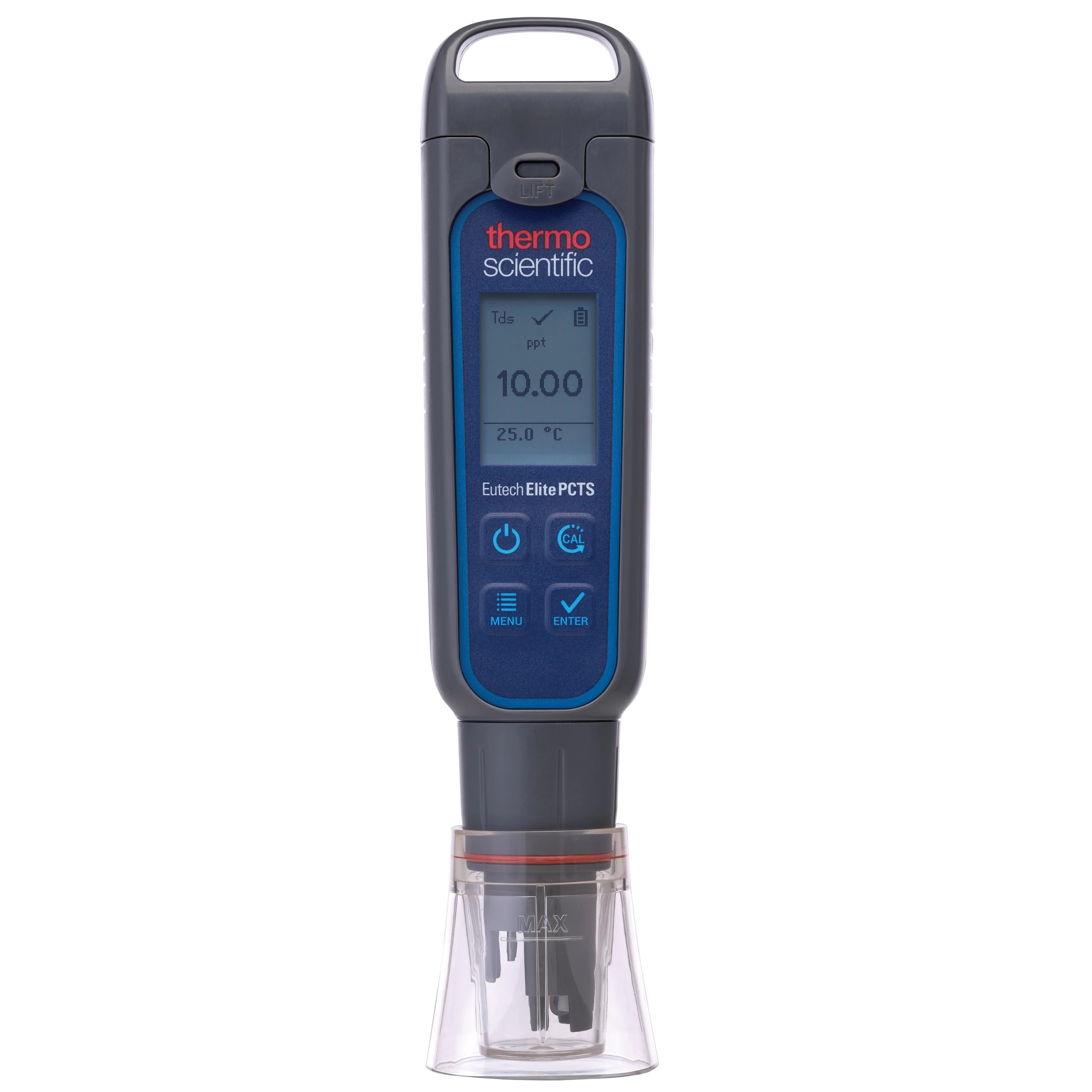 Thermo Scientific™ Elite PCTS pH / Conductivity / TDS / Salinity Pocket Testers, with Batteries, Lanyard, Soft Carry Case, pH Buffers and Conductivity Standard