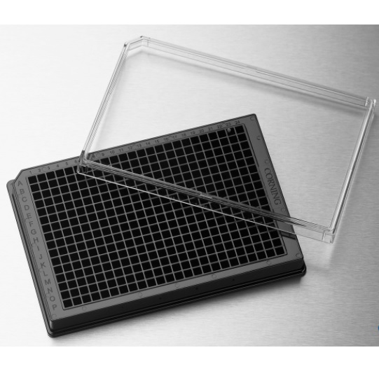 Corning® 384-well Low Flange Black Flat Bottom Polystyrene TC-treated Microplates, with Lid, Sterile