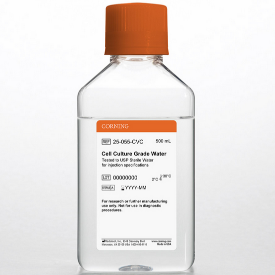 Corning® 500 mL Cell Culture Grade Water Tested to USP Sterile Water for Injection Specifications, [+] Septum Cap