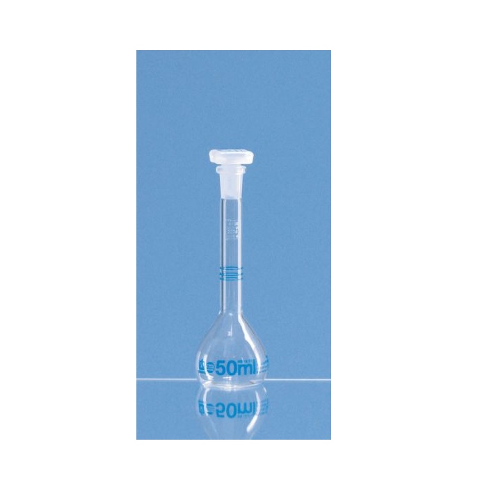 Volumetric flasks in polypropylene (PP), Plastibrand, class B, with PP-stopper  , blue printing