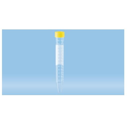 Sarstedt™ Screw Cap Tube, 15 ml, (LxØ): 120 x 17 mm, PS, With Print, Yellow cap, Sterile, 50 piece(s)/polystyrene Containers