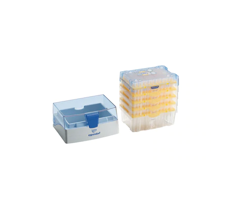 epT.I.P.S.® Set, Eppendorf Quality™, 2 – 200 µL, 53 mm, yellow, colorless tips, 480 tips (5 trays × 96 tips), 1 reusable box