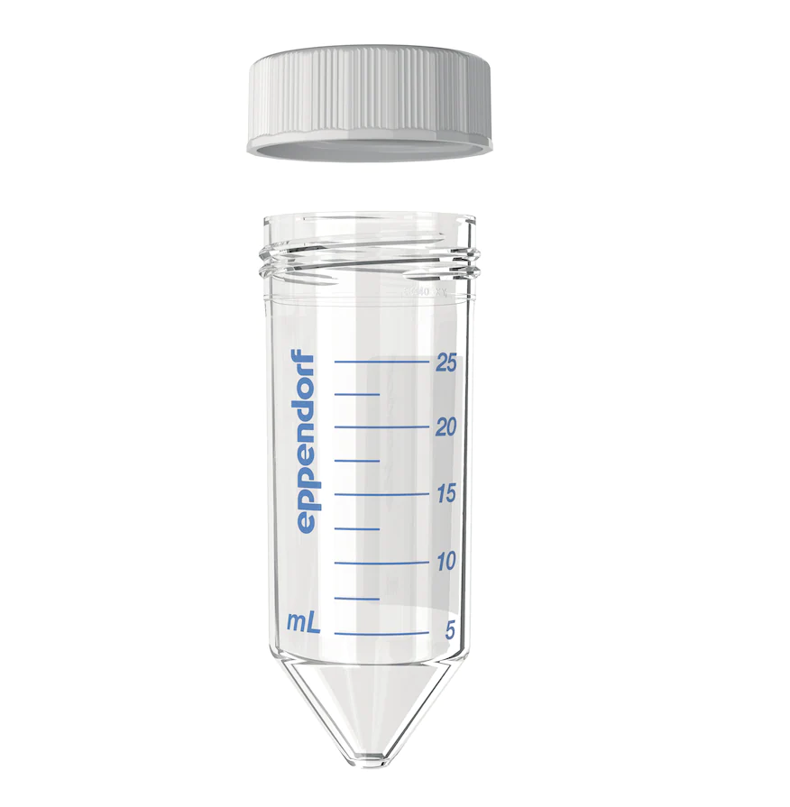 Eppendorf Conical Tubes 25 mL with screw cap, 25 mL, Starter Pack, 4 Single Tube Stands, 6 adapters for rotors with bore for 50 mL conical tubes, PCR clean, colorless, 200 tubes (4 bags × 50 tubes)